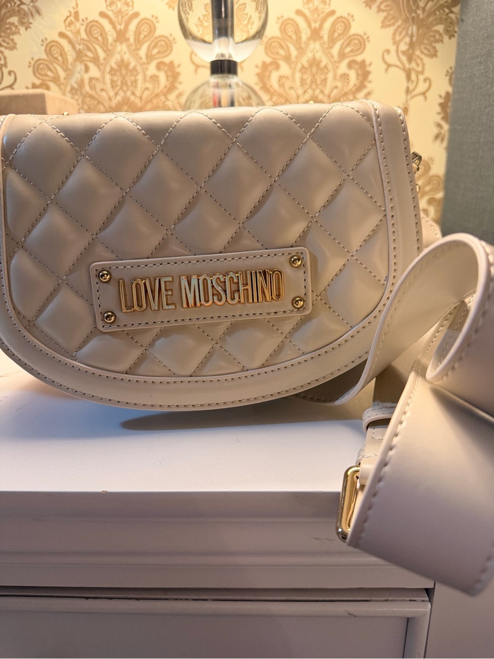Love Moschino Cream Quilted Crossbody with Gold Logo - NEW